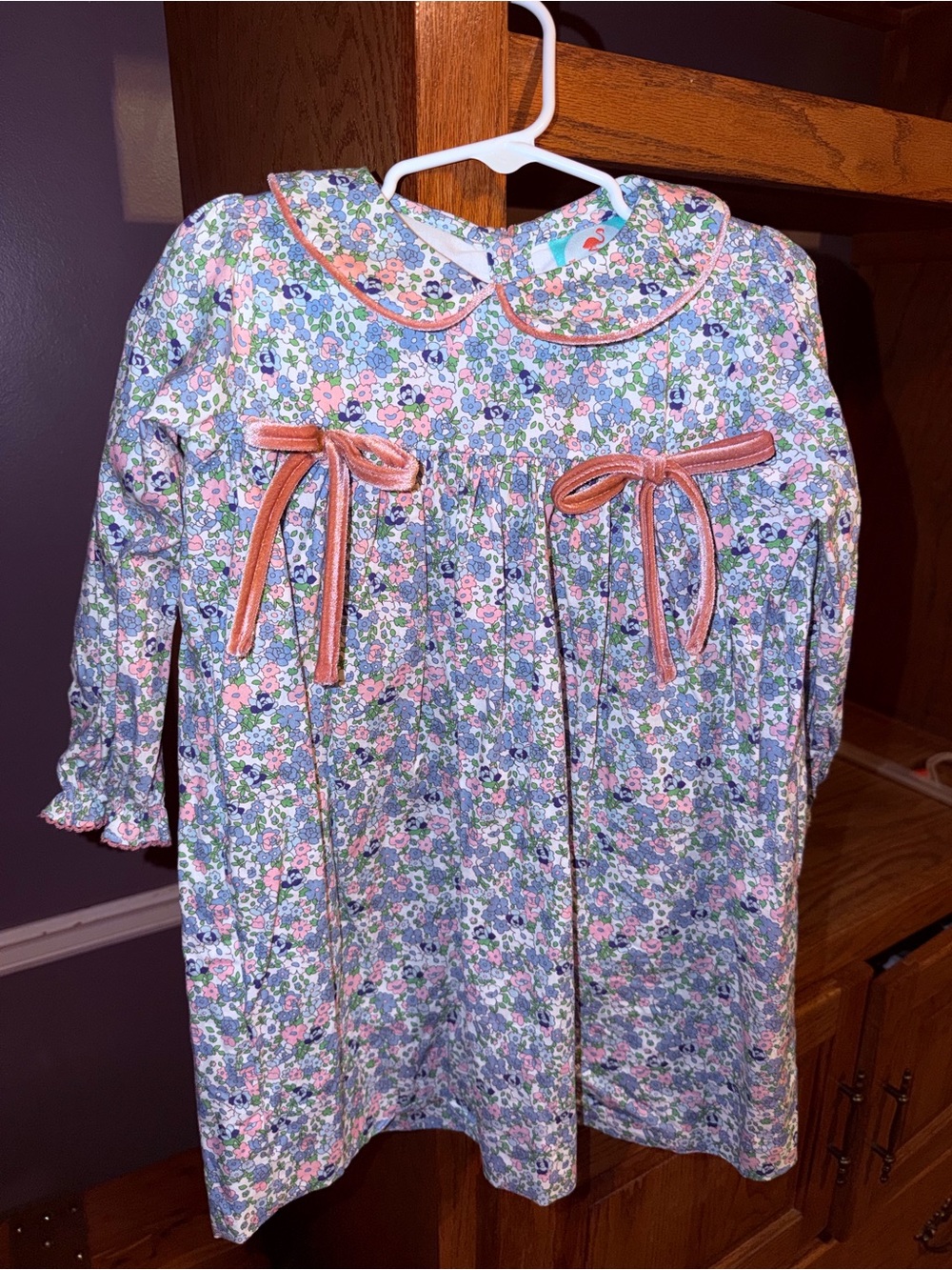 Stitchy Fish | Floral Long-Sleeve dress with Pink Velvet Bows, size 4t